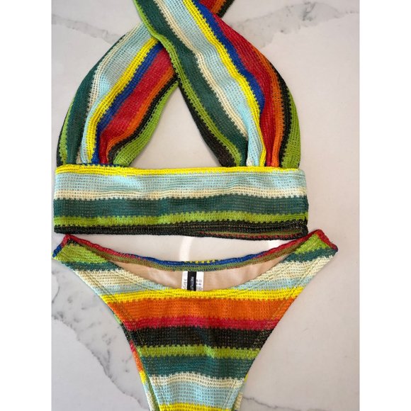Prettylittlething Multi Stripe Halterneck Bikini crochet knit 4 - Picture 5 of 13